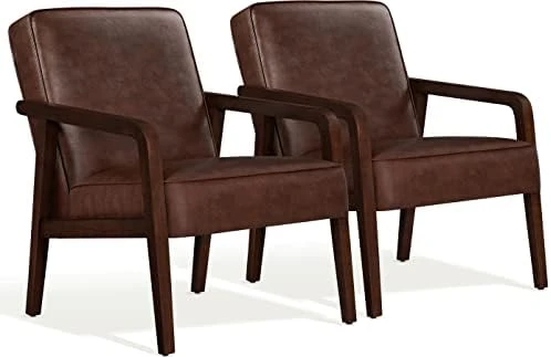 Yaheetech PU Leather Accent Chair, Mid-Century Modern Barrel Chair With Wooden Frame And Soft Thick Padded For Living Room Bedroom Home Office, Set Of 2, Dark Brown 8 Yaheetech PU Leather Accent Chair, Mid-Century Modern Barrel Chair With Wooden Frame And Soft Thick Padded For Living Room Bedroom Home Office, Set Of 2, Dark Brown - Image 8