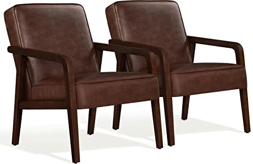 Yaheetech PU Leather Accent Chair, Mid-Century Modern Barrel Chair With Wooden Frame And Soft Thick Padded For Living Room Bedroom Home Office, Set Of 2, Dark Brown 1 Yaheetech PU Leather Accent Chair, Mid-Century Modern Barrel Chair With Wooden Frame And Soft Thick Padded For Living Room Bedroom Home Office, Set Of 2, Dark Brown