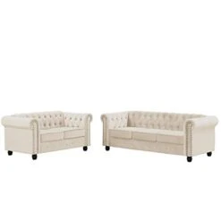 Morden Fort Couches For Living Room, Sofas For Living Room Furniture Sets, Loveseat And Sofa 2 Pieces, Fabric, Velvet Beige