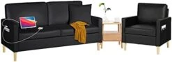 TYBOATLE Modern Faux Leather Living Room Furniture Sectional Sofa Sets 2 Pieces, Loveseat Couch W/ 2 USB Charging Ports And Comfy Accent Arm Chair For Small Space, Apartment, Office, Studio (Black) -Safavieh Furnitue Shop 315iP1pJEL. AC