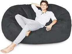 Lumaland Luxurious Giant 7ft Bean Bag Chair With Microsuede Cover - Ultra Soft, Foam Filling, Washable Jumbo Bean Bag Sofa For Kids, Teenagers, Adults - Sack Chair For Dorm, Family Room - Dark Grey -Safavieh Furnitue Shop 3195VSiUWNL. AC