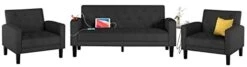 TYBOATLE Mid-Century Modern Living Room Sectional Sofa Sets 3 Pieces, Tufted Linen Fabric USB Loveseat Couch W/ 2 Cupholders And 2 Accent Armchairs For Living Room, Bedroom, Apartment (Dark Grey)