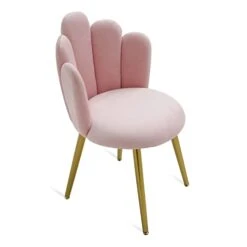 BOWTHY Vanity Chair For Makeup Room - Midcentury Modern Accent Chair For Living Room Bedroom, Makeup Chair With Back Support Velvet Chair With Gold Legs (Pink)