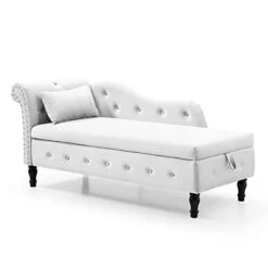 RARZOE Tufted Velvet Chaise Lounge Indoor With Storage, Upholstered Rolled Arm Chaise Lounges Indoor Chair, Right Arm Facing Chaise Lounge With Nailhead Trim For Living Room Bedroom Office,White