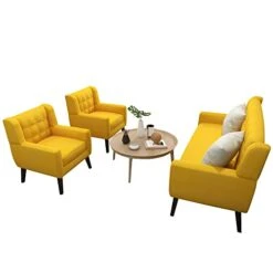 UIXE 3 Piece Indoor Comfy Sectional Sofa With Accent Chairs For Living Room, Linen Fabric Couch Modern Bedroom Loveseat 2-Seat Armchair For Home Apartment Small Space (Yellow) -Safavieh Furnitue Shop 31IUHVBpDrL