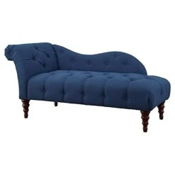 Pemberly Row 66" Indoor Roll Arm Chaise Lounge, Tufted Fabric Upholstered Lounge Chair With Wooden Legs For Living Room And Bedroom, Blue