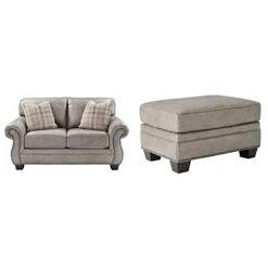 Signature Design By Ashley Olsberg Faux Leather Loveseat With Nailhead Trim And 2 Accent Pillows, Gray & Olsberg Faux Leather Ottoman With Nailhead Trim, Gray