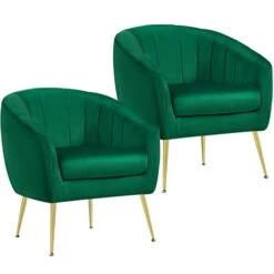 Yaheetech Accent Chair, Modern And Cozy Barrel Chair With Gold Metal Legs, Tufted Accent Armchair For Living Room/Bedroom/Office/Guest Room Green, Set Of 2
