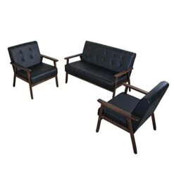 JIASTING Mid Century 1 Loveseat Sofa And 2 Accent Chairs Set Modern Wood Arm Couch And Chair Living Room Furniture Sets (8428 Black Set)