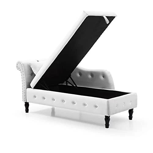RARZOE Tufted Velvet Chaise Lounge Indoor With Storage, Upholstered Rolled Arm Chaise Lounges Indoor Chair, Right Arm Facing Chaise Lounge With Nailhead Trim For Living Room Bedroom Office,White 2 RARZOE Tufted Velvet Chaise Lounge Indoor With Storage, Upholstered Rolled Arm Chaise Lounges Indoor Chair, Right Arm Facing Chaise Lounge With Nailhead Trim For Living Room Bedroom Office,White - Image 2