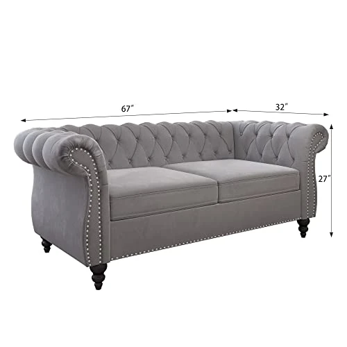2 Piece Living Room Set, Velvet Chesterfield Sofa Loveseat Couch With Scroll Arms And Nailhead For Living Room, Office (Grey) 6 2 Piece Living Room Set, Velvet Chesterfield Sofa Loveseat Couch With Scroll Arms And Nailhead For Living Room, Office (Grey) - Image 6
