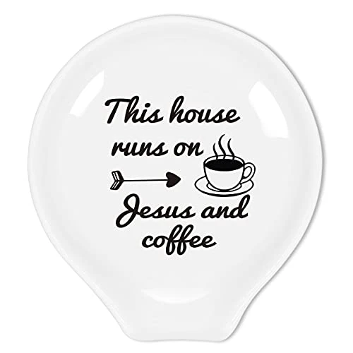 Littlefa Funny Coffee Quote This House Runs On Jesus And Black Sign Ceramic Spoon Holder-Coffee Rest -Coffee Station Decor Bar Accessories-Coffee Lovers Gift For Women Men 1 Littlefa Funny Coffee Quote This House Runs On Jesus And Black Sign Ceramic Spoon Holder-Coffee Rest -Coffee Station Decor Bar Accessories-Coffee Lovers Gift For Women Men
