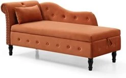 Homtique 60" Velvet Storage Chaise Lounge Indoor Button Tufted With Pillow, Nailhead Decorate Rolled Arm Chaise Lounge For Bedroom Living Room (Beige, With Storage) -Safavieh Furnitue Shop 31lufU8zPkL. AC