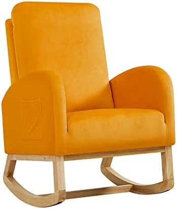 Setawix Rocking Chair For Nursery, Midcentury Modern Accent Rocker Armchair With Side Pocket, Upholstered High Back Wooden Rocking Chair For Living Room Baby Room Bedroom (Yellow - Velvet) 9 Setawix Rocking Chair For Nursery, Midcentury Modern Accent Rocker Armchair With Side Pocket, Upholstered High Back Wooden Rocking Chair For Living Room Baby Room Bedroom (Yellow - Velvet) - Image 9