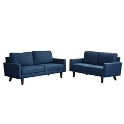 INSTORY Linen Sofa Set Modern Sofa & Loveseat Set 2 Piece Couch Set With Wooden Legs For Living Room, Office, Bedroom - Dark Blue