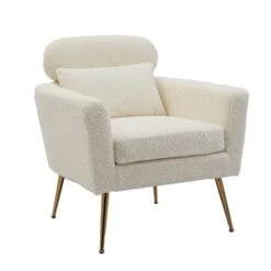 Mikibama Mid Century Modern Accent Chair Upholstered Reading Chair Armchair With Metal Legs And Throw Pillow Side Chair For Living Room Bedroom Office (Ivory,Teddy Fabric) -Safavieh Furnitue Shop 31qrGMTgIfL
