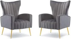 HOMEFUN Accent Chair Set Of 2, Velvet Wingback Armchair Modern Upholstered Single Sofa With Metal Legs For Living Room Bedroom Nursery, Beige -Safavieh Furnitue Shop 31zG GiuzIL. AC