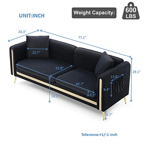 Homtique 77 Inch Upholstered Velvet Sofa Couch, Modern Sofa For Living Room With Side Pocket And 2 Pillows, Gold Metal Legs Decor Couches Furniture For Apartment/Office (Black) 1 Homtique 77 Inch Upholstered Velvet Sofa Couch, Modern Sofa For Living Room With Side Pocket And 2 Pillows, Gold Metal Legs Decor Couches Furniture For Apartment/Office (Black)