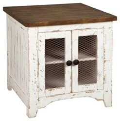 Signature Design By Ashley Wystfield Farmhouse End Table With Storage, Distressed White & Brown Finish