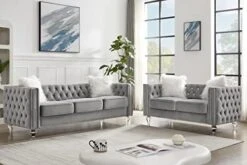 Mikibama Velvet Loveseat Sofa Couch Set For Living Room, Modern Decor Furniture Tufted Sofa Set With Nailhead Acrylic Legs And 2 Pillows For Bedroom, Hall(Grey) -Safavieh Furnitue Shop 410qa2udJgL. AC