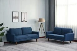 INSTORY Linen Sofa Set Modern Sofa & Loveseat Set 2 Piece Couch Set With Wooden Legs For Living Room, Office, Bedroom - Dark Blue -Safavieh Furnitue Shop 4113XbeCAUL