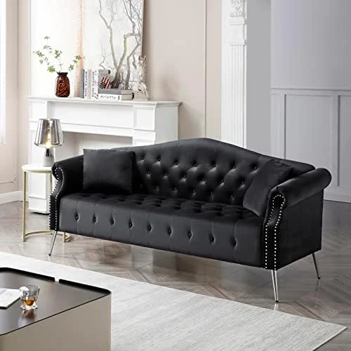 Homtique Sofa Set For Living Room 2 Piece, Modern Velvet Loveseat Sofa Set Upholstered Button Tufted Nailhead Trimming Rolled Arm And Metal Legs, Velvet Sofa Couch With 4 Pillows For Home (Beige) 12 Homtique Sofa Set For Living Room 2 Piece, Modern Velvet Loveseat Sofa Set Upholstered Button Tufted Nailhead Trimming Rolled Arm And Metal Legs, Velvet Sofa Couch With 4 Pillows For Home (Beige) - Image 12