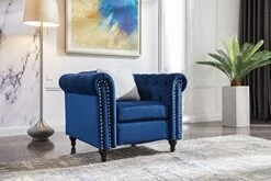 3-Piece Velvet Upholstered Living Room Furniture Set, Including 3-Seater Sofa, Loveseat And Single Sofa Chair With Button And Copper Nail On Arms And Back, Five White Villose Pillows Included, Blue -Safavieh Furnitue Shop 412eG8VqFDL. AC