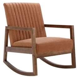 HNY Mid Century Rocking Nursery Chair With Wood Frames, Faux Leather Upholstered Farmhouse Living Room Armchair, For Living Room Bedroom, Light Brown