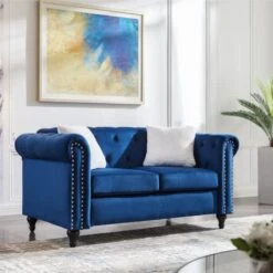 3-Piece Velvet Upholstered Living Room Furniture Set, Including 3-Seater Sofa, Loveseat And Single Sofa Chair With Button And Copper Nail On Arms And Back, Five White Villose Pillows Included, Blue -Safavieh Furnitue Shop 413IKFFrTHL