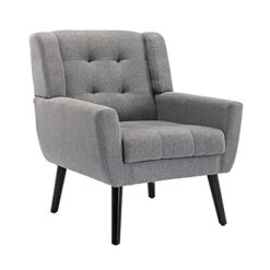 Dolonm Midcentury Modern Accent Chair With Arms, Upholstered Fabric Reading Side Chair Tufted Back Decorative Wingback Chair For Living Room Bedroom (Light Grey)