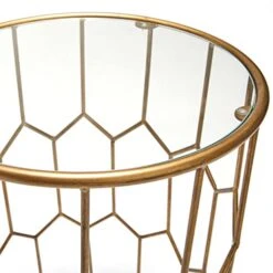 Adore Decor Harper Modern Glass And Metal Side Table, Gold Geometric Decorative Drum Small Accent For Living Room, 15.75" Wide Tabletop