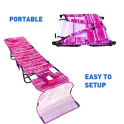 FLIP Face Down Tanning Chaise Lounge Chair - Face & Arm Holes - 2 Legs Support - Polyester Material – Backrest Positions - Head Rest Pillow - Beach Or Home Use - PATENTS Pending - Pink Stripes Pattern -Safavieh Furnitue Shop 414KfNEl5GL
