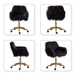 KCC Fluffy Office Desk Chair, Faux Fur Modern Swivel Armchair With Wheels, Soft Comfy Fuzzy Elegant Accent Makeup Vanity Chairs For Women Girls, Home Living Dressing Room Bedroom, Black -Safavieh Furnitue Shop 414MwIn7z9L