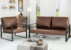 AWQM Mid-Century Retro Modern Living Room Sofa Set With Loveseat And Accent Chair, Faux Leather Loveseat Sofa And Armchair Sofa Chair For Small Space, Office, 105 Degree Slant Back, Grey -Safavieh Furnitue Shop 414gkpiEH4L. AC