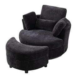 GoDoco 42" W Swivel Accent Barrel Chair Set Lounge Club Big Round Sofa With 4 Pillows And Storage Ottoman For Living Room And Bedroom (Black + Chenille)
