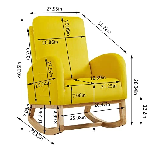 Setawix Rocking Chair For Nursery, Midcentury Modern Accent Rocker Armchair With Side Pocket, Upholstered High Back Wooden Rocking Chair For Living Room Baby Room Bedroom (Yellow - Velvet) 2 Setawix Rocking Chair For Nursery, Midcentury Modern Accent Rocker Armchair With Side Pocket, Upholstered High Back Wooden Rocking Chair For Living Room Baby Room Bedroom (Yellow - Velvet) - Image 2