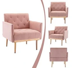 SLEERWAY Modern Velvet Single Sofa Chair, Upholstered Accent Living Room Chair, Comfy Armchair With Rose Golden Metal Legs, Tufted Chair For Reading Or Lounging (Pink) -Safavieh Furnitue Shop 416OK2xKXOS