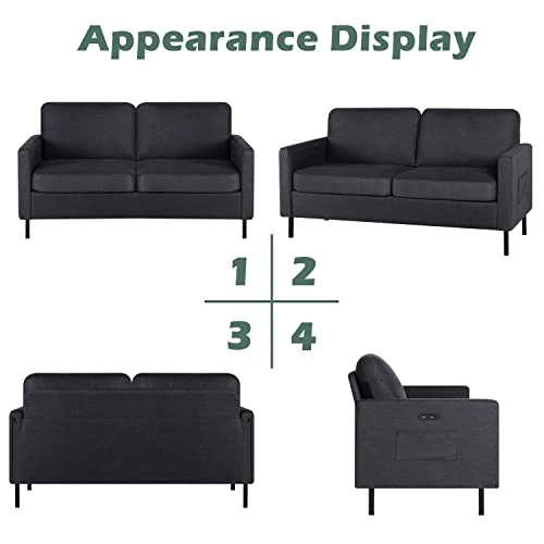 STHOUYN 56" W Fabric Loveseat Sofa With 2 USB, Small Couches For Living Room, Bedroom, Office, Easy Assembly & Comfy Cushion, Dark Grey 2 STHOUYN 56" W Fabric Loveseat Sofa With 2 USB, Small Couches For Living Room, Bedroom, Office, Easy Assembly & Comfy Cushion, Dark Grey - Image 2