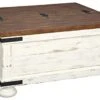 Signature Design By Ashley Wystfield Farmhouse Square Storage Coffee Table With Hinged Lift Top, Distressed White