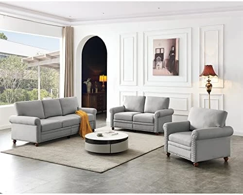 Harper & Bright Designs 3-Piece Living Room Storage Sofa Set With 3-Seat Couch, Loveseat And Single Armchair, Silver Nailhead Trim/Hidden Storage Space Under Seat/Classical Wooden Legs/Beige Fabric 11 Harper & Bright Designs 3-Piece Living Room Storage Sofa Set With 3-Seat Couch, Loveseat And Single Armchair, Silver Nailhead Trim/Hidden Storage Space Under Seat/Classical Wooden Legs/Beige Fabric - Image 11