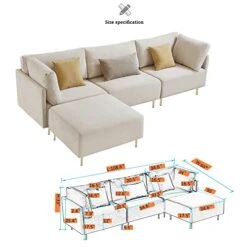 Familymill 108'' Linen L-Shaped Sectional Sofa With Removable Ottoman And 3 Pillows -Safavieh Furnitue Shop 418bzc1MP0L