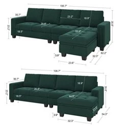 Belffin Velvet Reversible Sectional Sofa With Chasie Convertible Sectional Couch With Storage Ottoman L Shaped 4-seat Sectional Sofa Couch Green