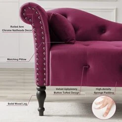 KIVENJAJA Velvet Chaise Lounge Indoor, 60” Tufted Upholstered Lounge Chair With Pillow & Rolled Arm Nailhead Trim For Bedroom Living Room Office, Burgundy -Safavieh Furnitue Shop 41A6DvvDRRL