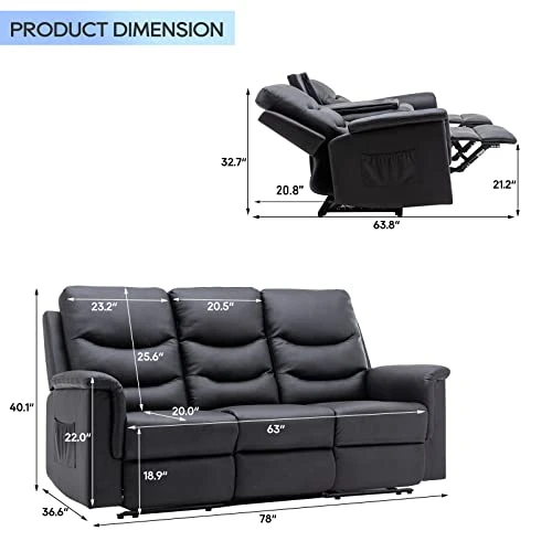 Consofa Reclining Sofa, 3 Seater Sofa Recliner With Flipped Middle Backrest, PU Leather Reclining Sofa With 2 Cup Holders And Console Slate, Manual Reclining Home Theater Seating For Living Room 2 Consofa Reclining Sofa, 3 Seater Sofa Recliner With Flipped Middle Backrest, PU Leather Reclining Sofa With 2 Cup Holders And Console Slate, Manual Reclining Home Theater Seating For Living Room - Image 2