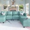 LLappuil Modular Sectional Sofa With Storage, Faux Leather Fabric 7 Seater Modular Sofa With Reversible Chaise, 112 Inch Convertible U Shape Sectional Couch With Ottomans, Aqua Blue