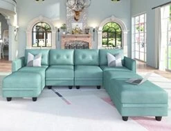 LLappuil Modular Sectional Sofa With Storage, Faux Leather Fabric 7 Seater Modular Sofa With Reversible Chaise, 112 Inch Convertible U Shape Sectional Couch With Ottomans, Aqua Blue