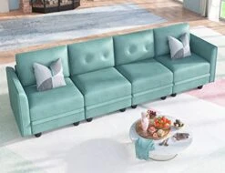 LLappuil Modular Sofa Faux Leather Fabric 112" Sectional Couch 4 Seater With Storage Seats Modern Sectional Sofa For Living Room, Office, Aqua Blue -Safavieh Furnitue Shop 41Bll7Tv31L