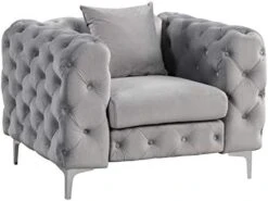 Morden Fort Modern Contemporary Accent Chair With Deep Button Tufting Dutch Velvet, Solid Wood Frame And Iron Legs-Silver Grey -Safavieh Furnitue Shop 41BsrW7l0XL. AC