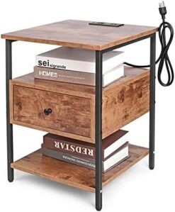 Living Room End Table With Charging Station For Small Space, Sofa Couch Bedside Nightstand With USB Ports & Outlets, Slim Storage Side Table With Drawer Shelf For Bedroom, Rustic Brown -Safavieh Furnitue Shop 41CGKhdJwoL. AC
