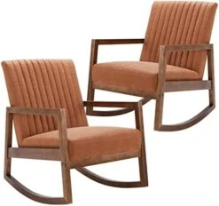 HNY Mid Century Rocking Nursery Chair With Wood Frames, Faux Leather Upholstered Farmhouse Living Room Armchair, For Living Room Bedroom, Light Brown -Safavieh Furnitue Shop 41CKS0vpCsL. AC